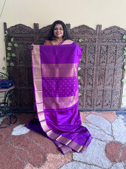 Pure Kanjivaram Silk Saree | Purple With Gold Zari Border | Handloom | Silk Mark Certified