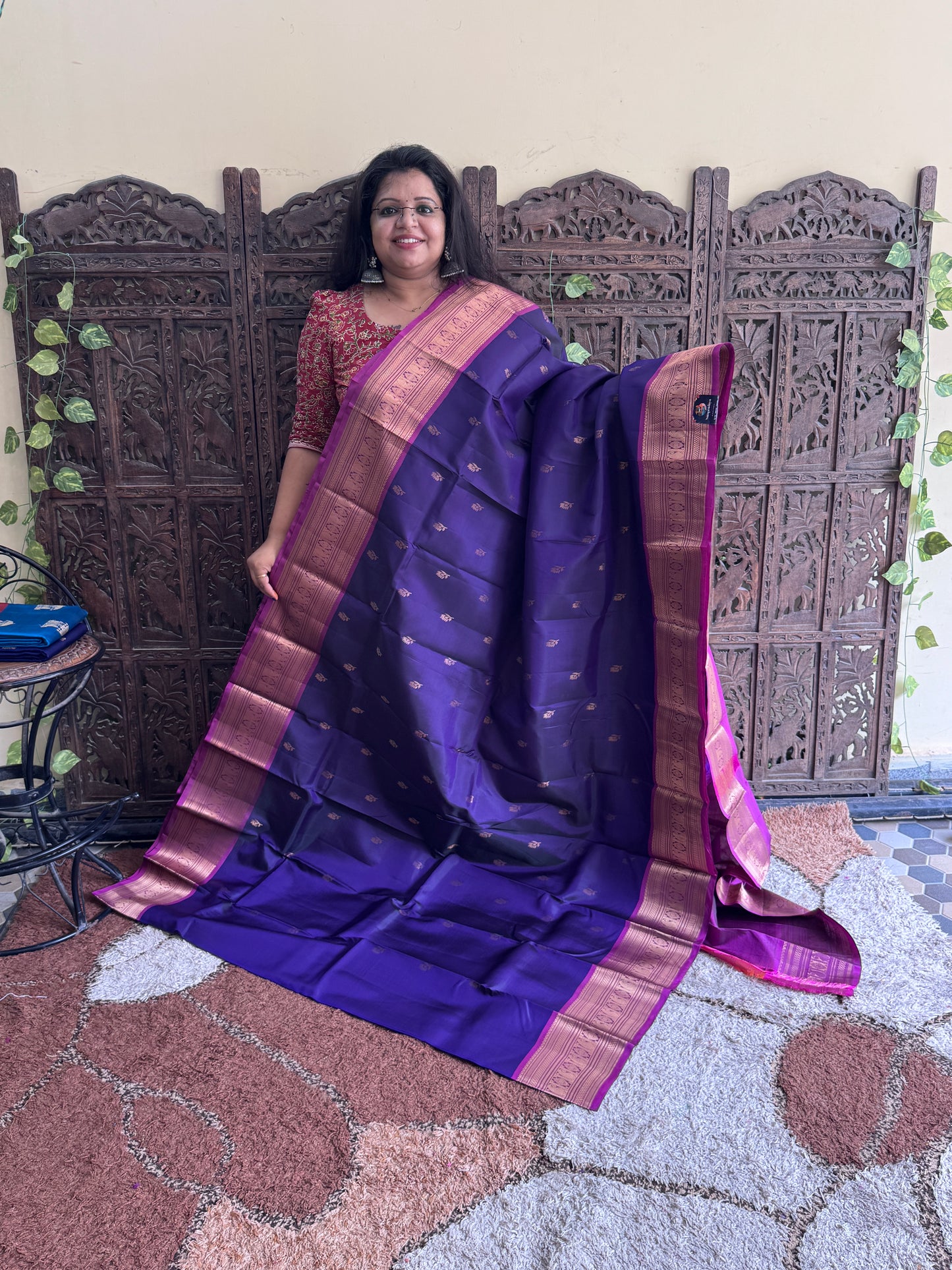 Pure Kanjivaram Silk Saree | Violet With Gold Zari Border | Handloom | Silk Mark Certified