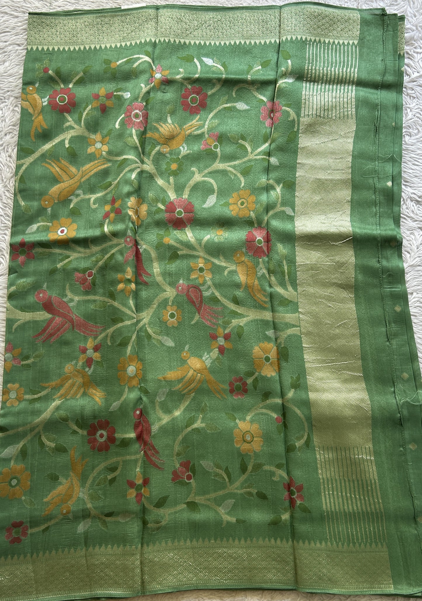 Banarasi Tussar Georgette Saree Sea Green Colored Paired with a Zari Border. - Sampradaya Designer Studio