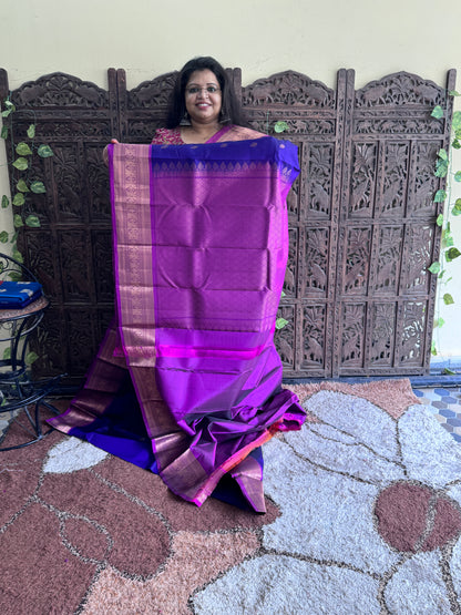 Pure Kanjivaram Silk Saree | Violet With Gold Zari Border | Handloom | Silk Mark Certified