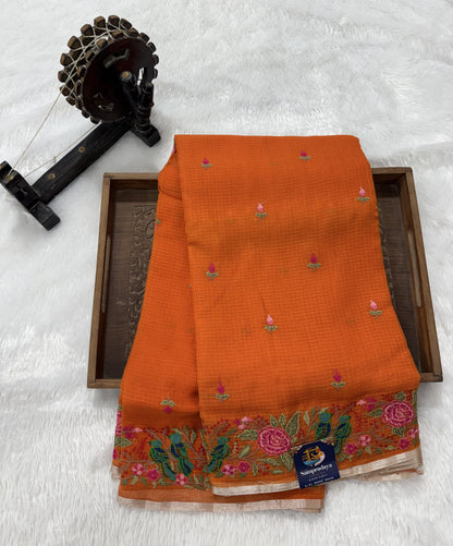 Orange Pure Cotton Kota Doria Saree | Airy Handloom Summer Drape
