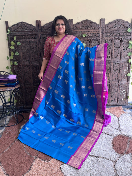 Pure Kanjivaram Silk Saree | Peacock Blue With Gold Zari Border | Handloom | Silk Mark Certified