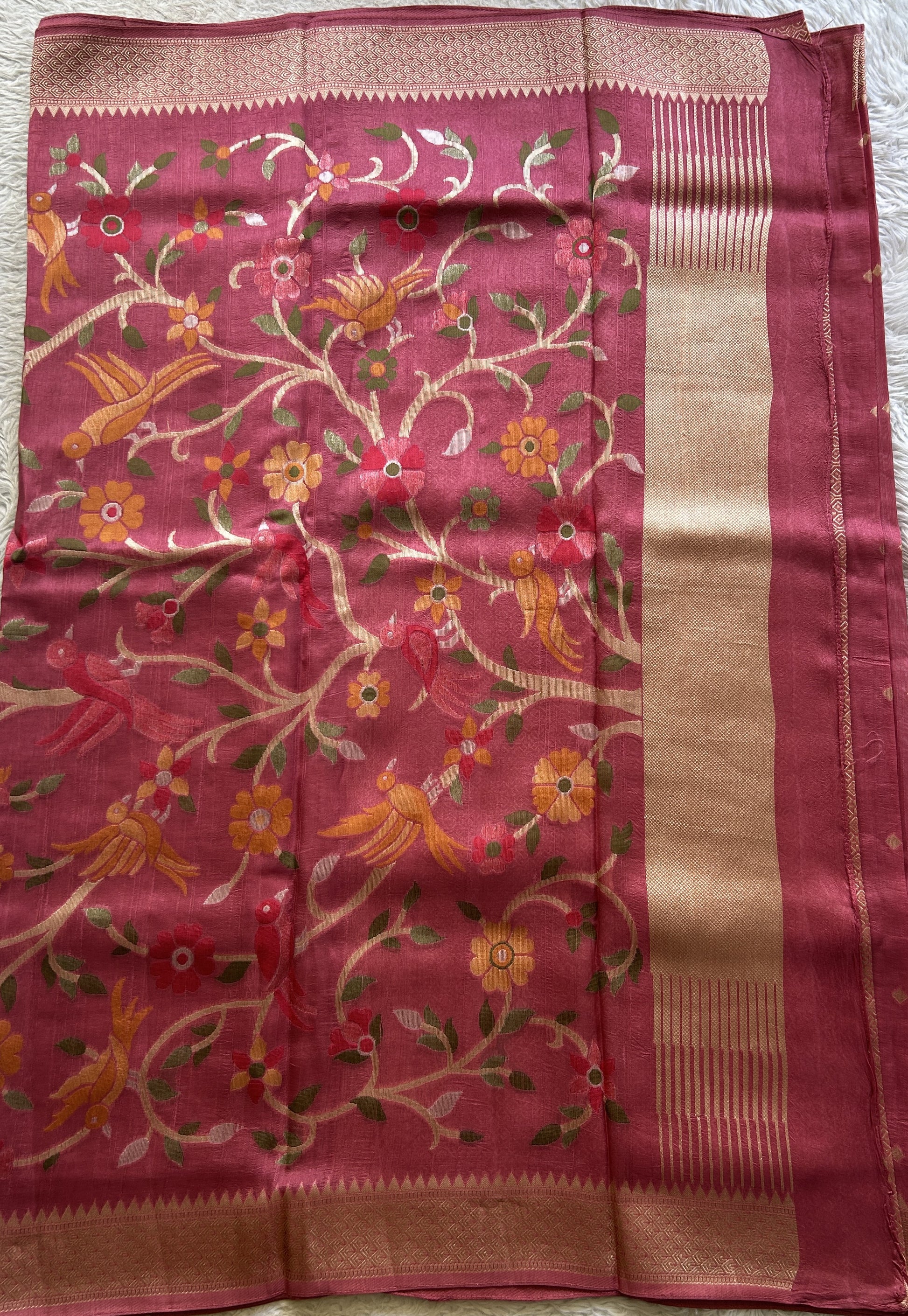 Banarasi Tussar Georgette Saree Rose Pink Colored Complemented with a Zari Border. - Sampradaya Designer Studio