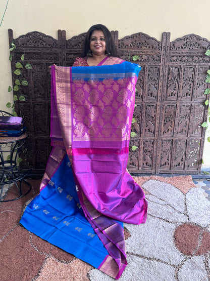 Pure Kanjivaram Silk Saree | Peacock Blue With Gold Zari Border | Handloom | Silk Mark Certified