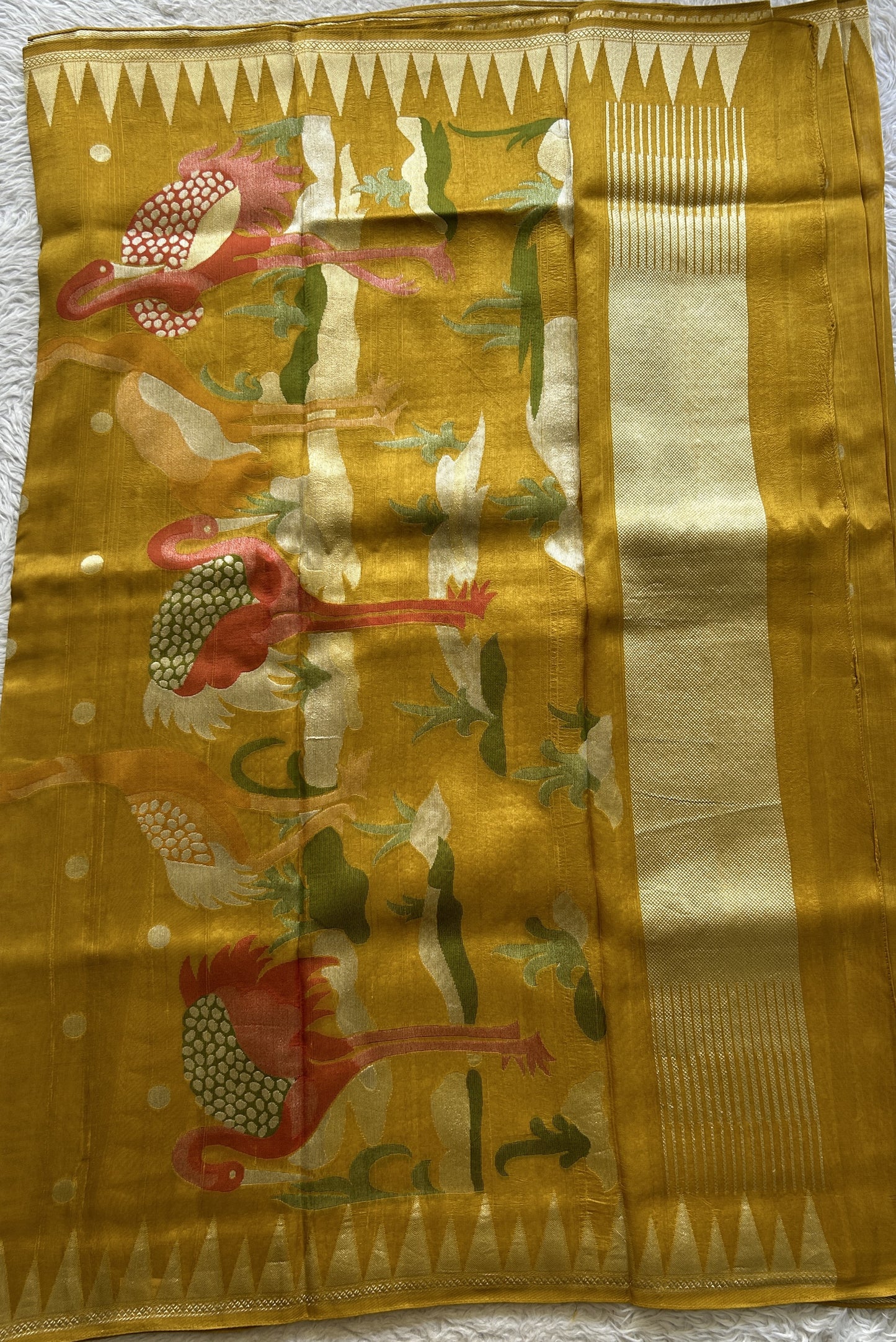 Banarasi Tussar Georgette Saree Yellow Colored Complemented with a Temple Border. - Sampradaya Designer Studio