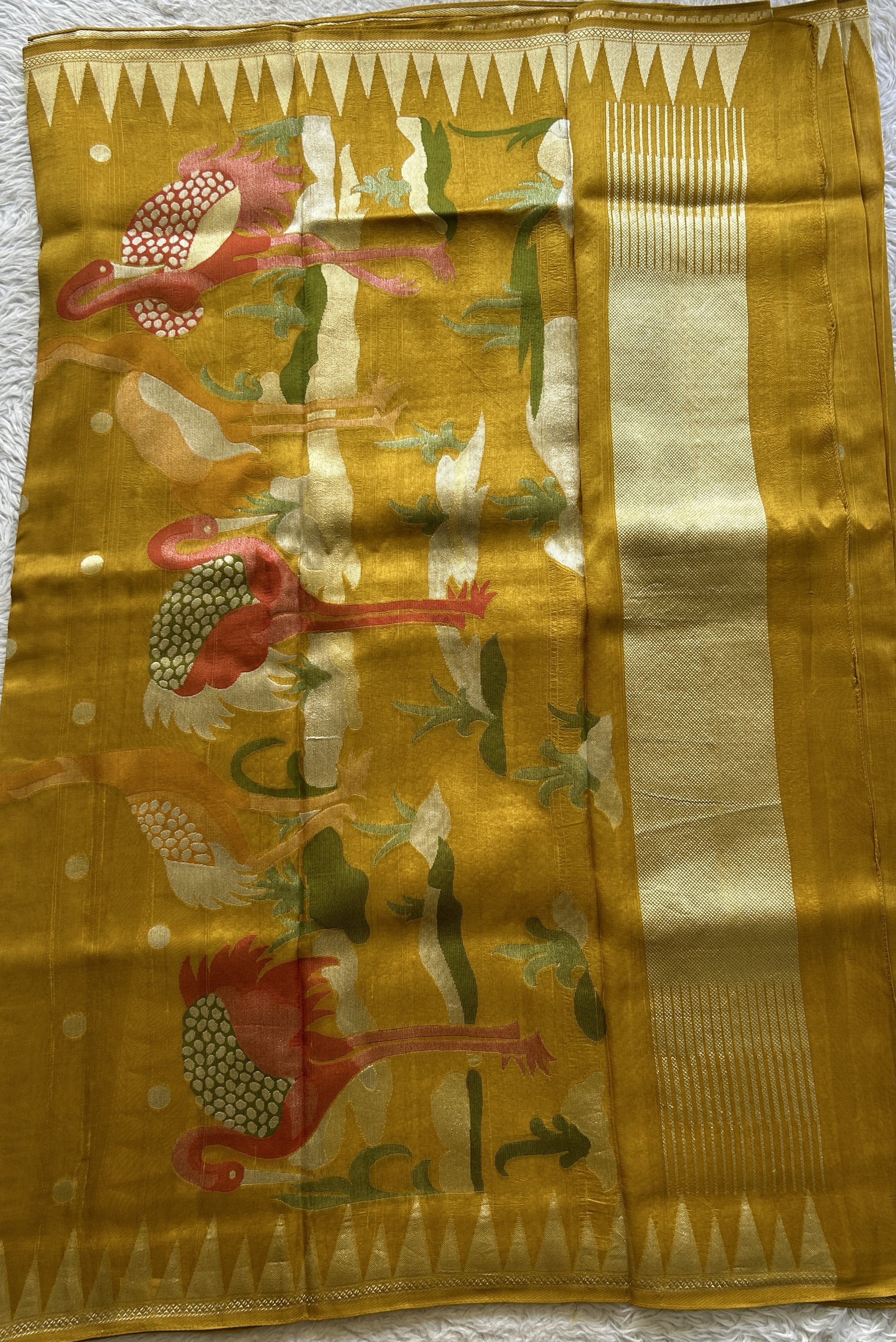 Banarasi Tussar Georgette Saree Yellow Colored Complemented with a Temple Border. - Sampradaya Designer Studio