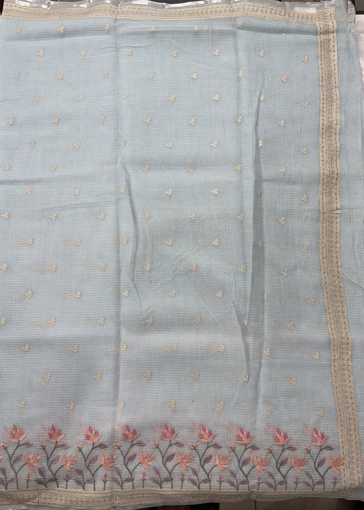 Light Blue Pure Cotton Kota Doria Saree | Airy Handloom Summer Drape