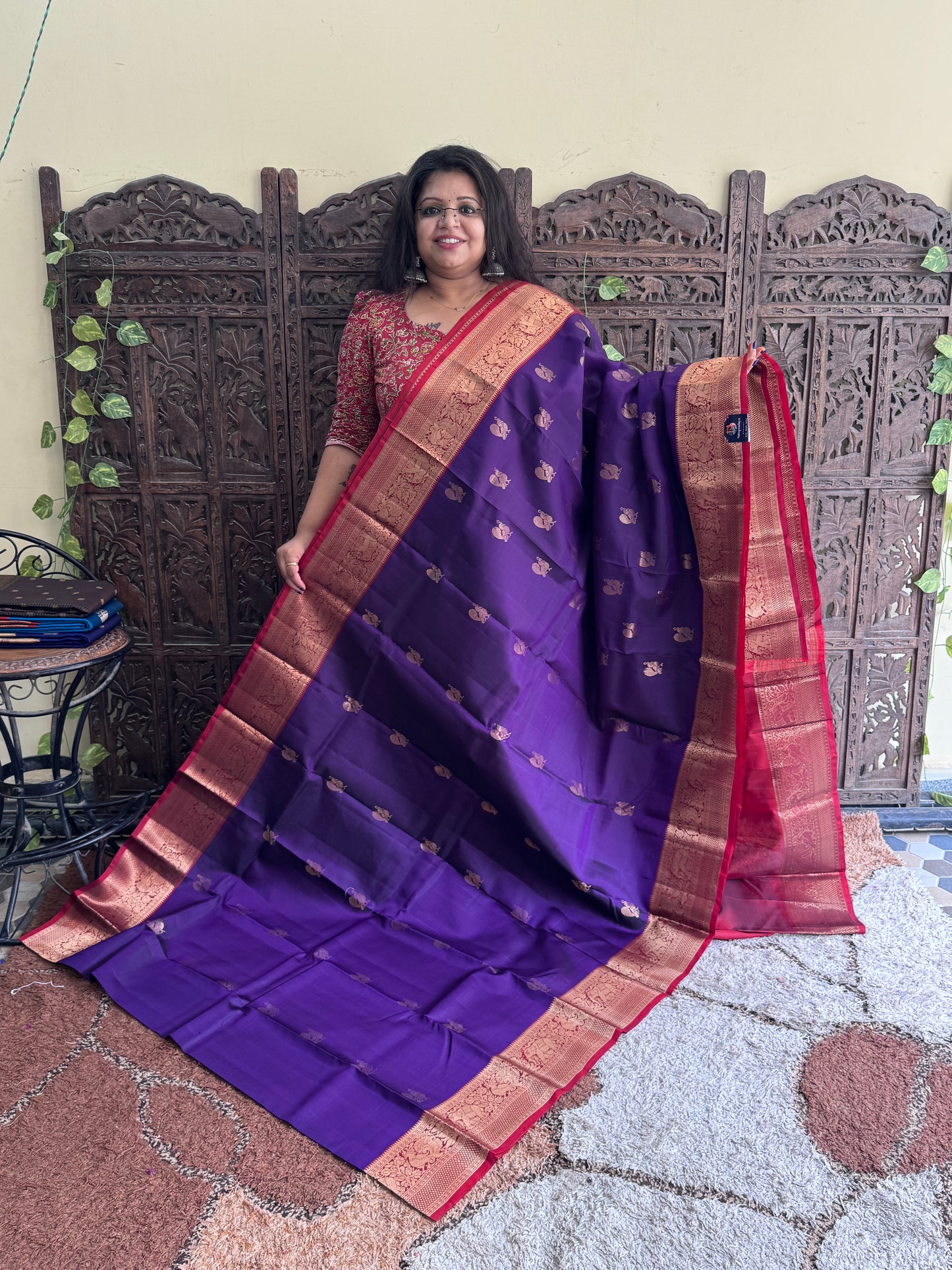 Pure Kanjivaram Silk Saree | Violet With Gold Zari Border | Handloom | Silk Mark Certified