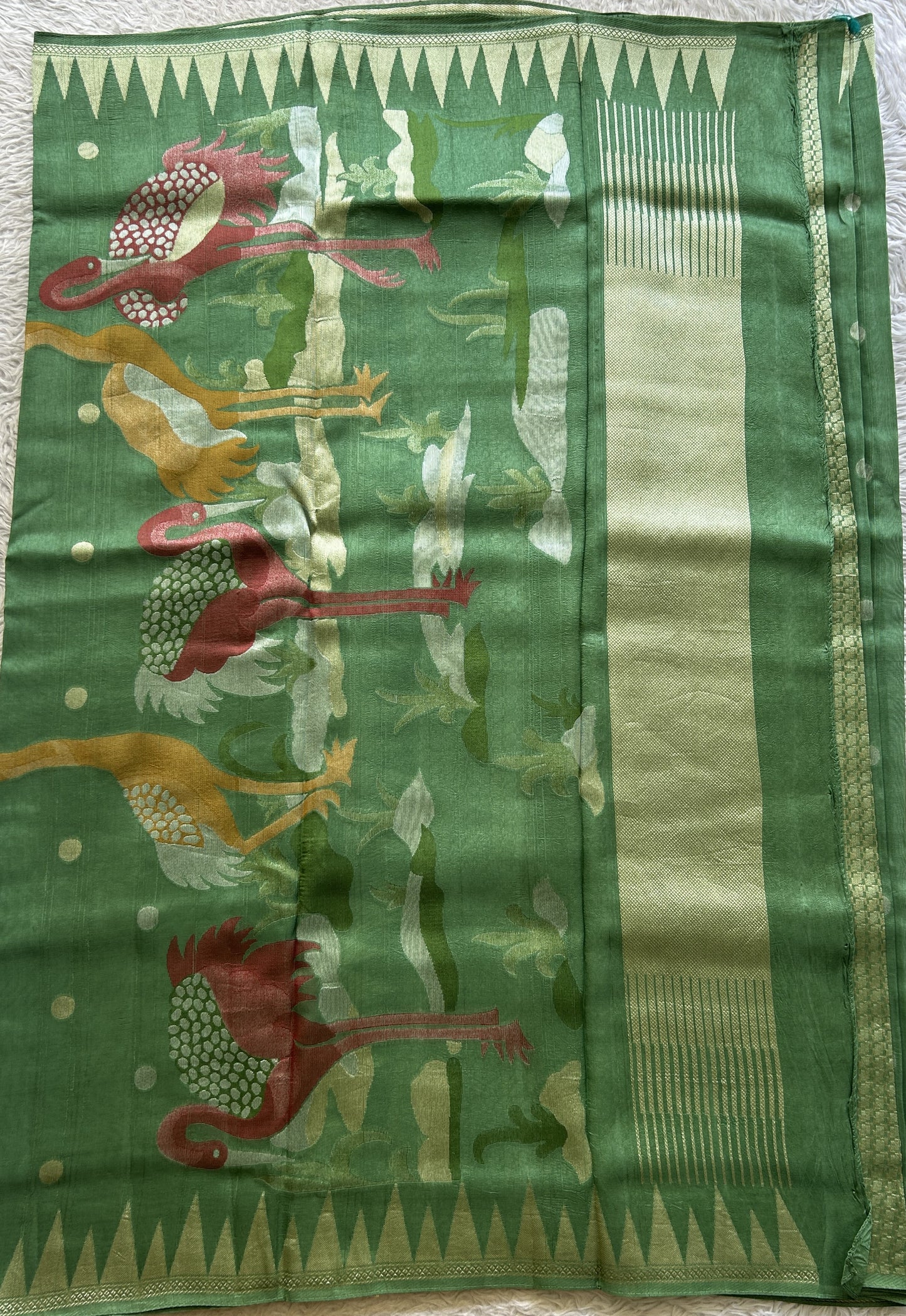 Banarasi Tussar Georgette Saree Green Colored Complemented with a Temple Border. - Sampradaya Designer Studio