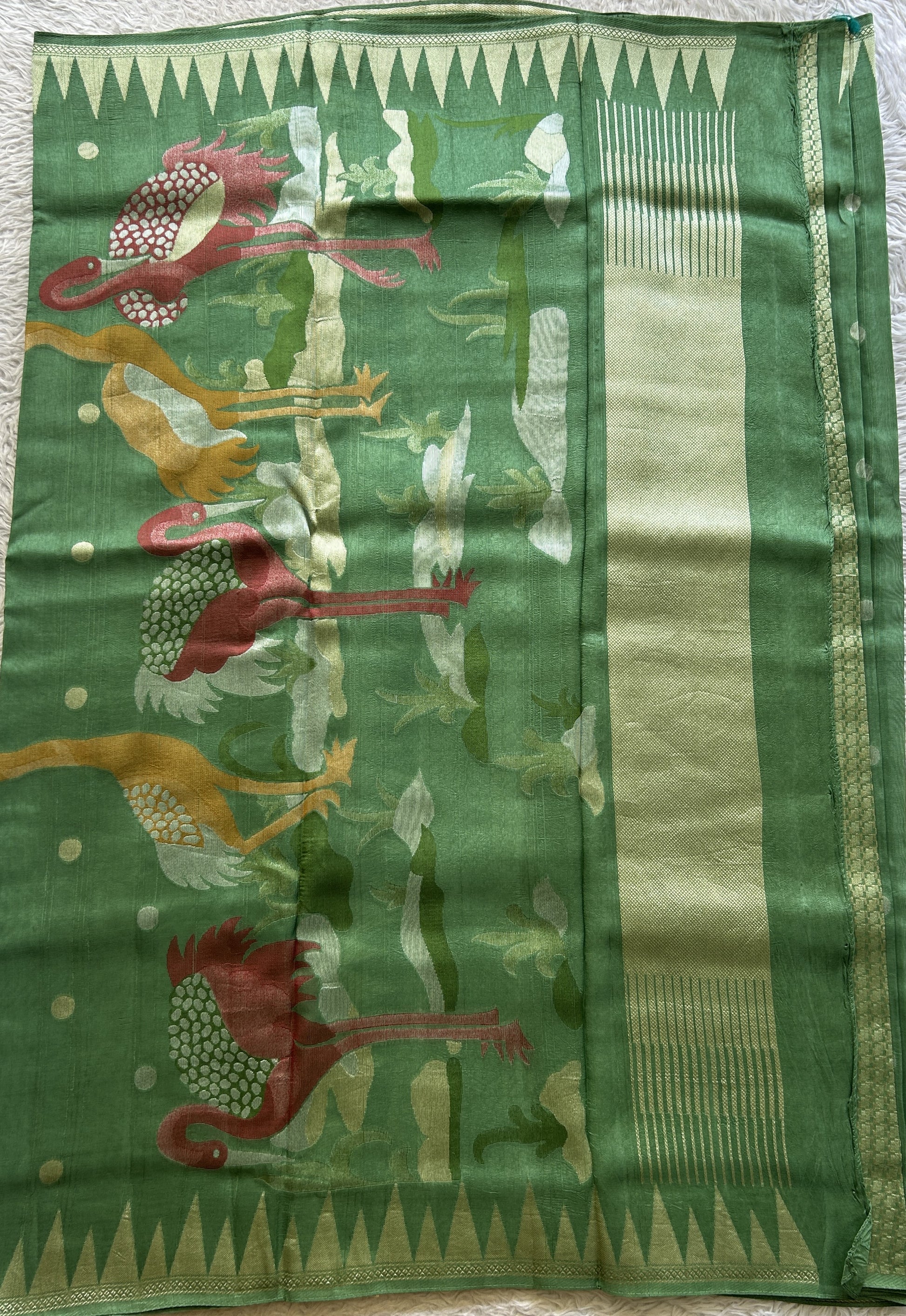 Banarasi Tussar Georgette Saree Green Colored Complemented with a Temple Border. - Sampradaya Designer Studio
