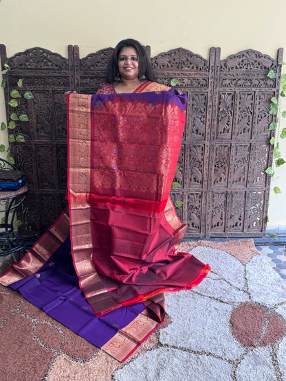 Pure Kanjivaram Silk Saree | Violet With Gold Zari Border | Handloom | Silk Mark Certified