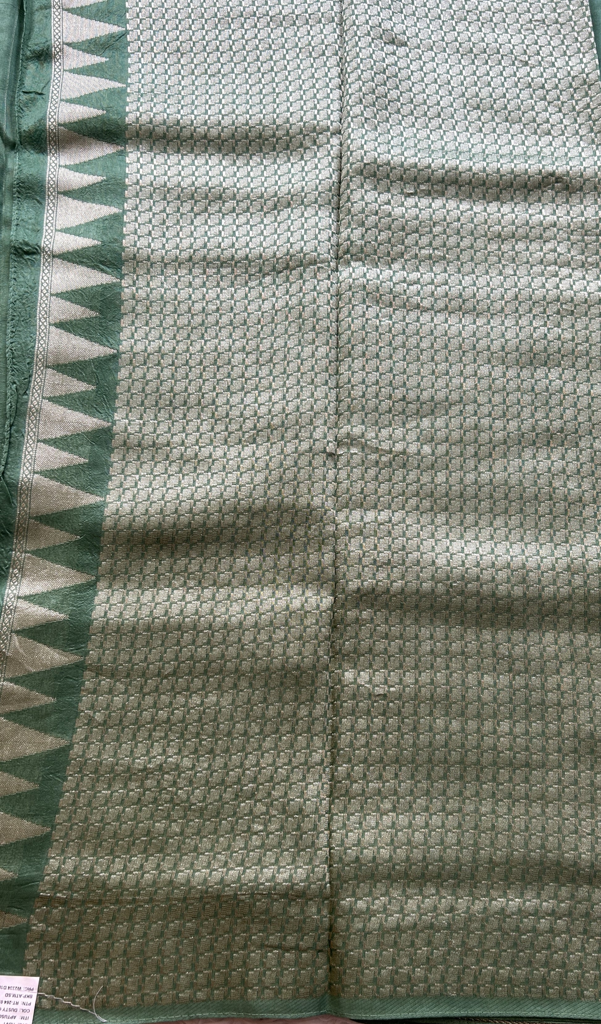 Banarasi Tussar Georgette Saree Green Colored Complemented with a Temple Border. - Sampradaya Designer Studio