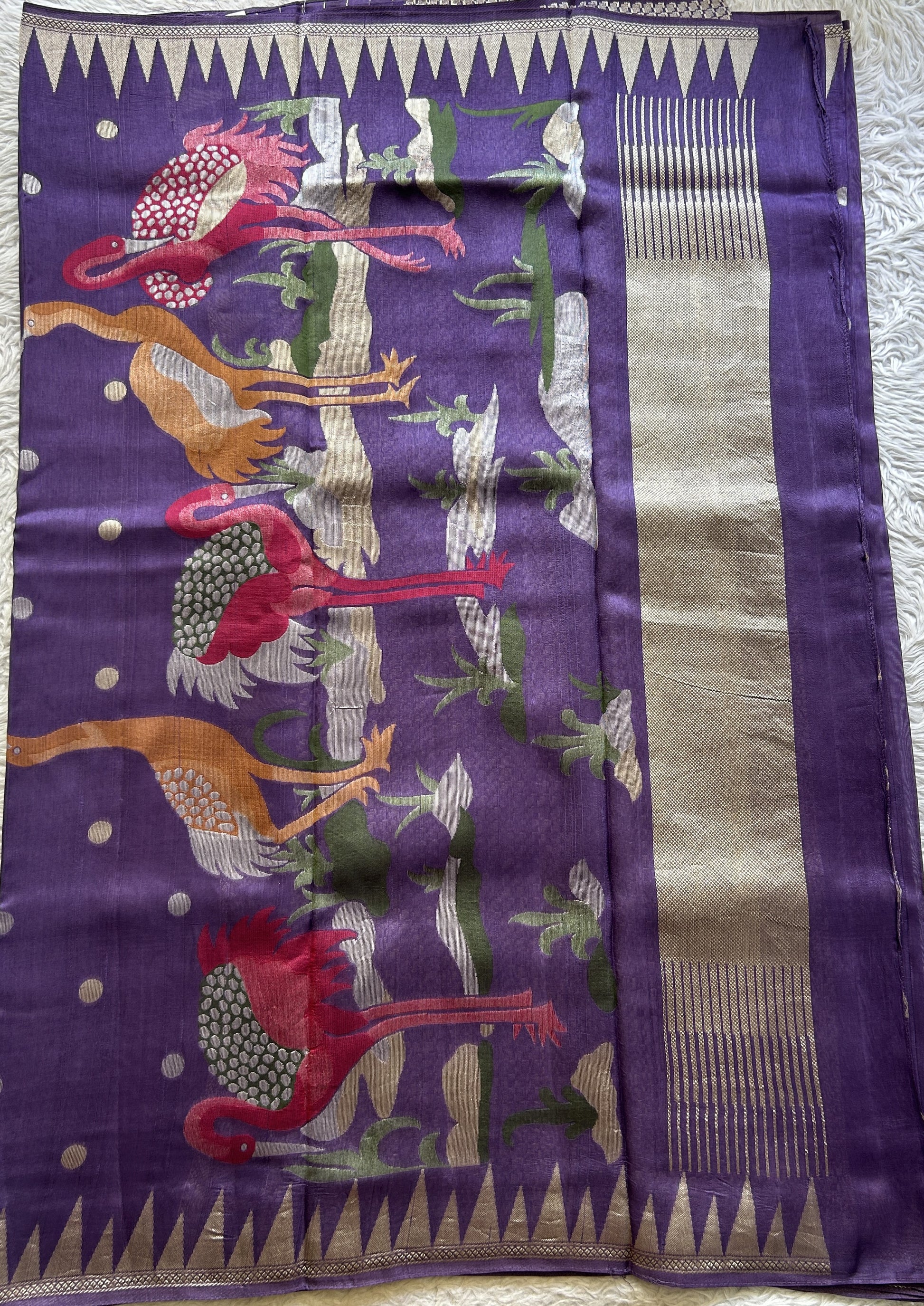 Banarasi Tussar Georgette Saree Lavender Colored Complemented with a Temple Border. - Sampradaya Designer Studio