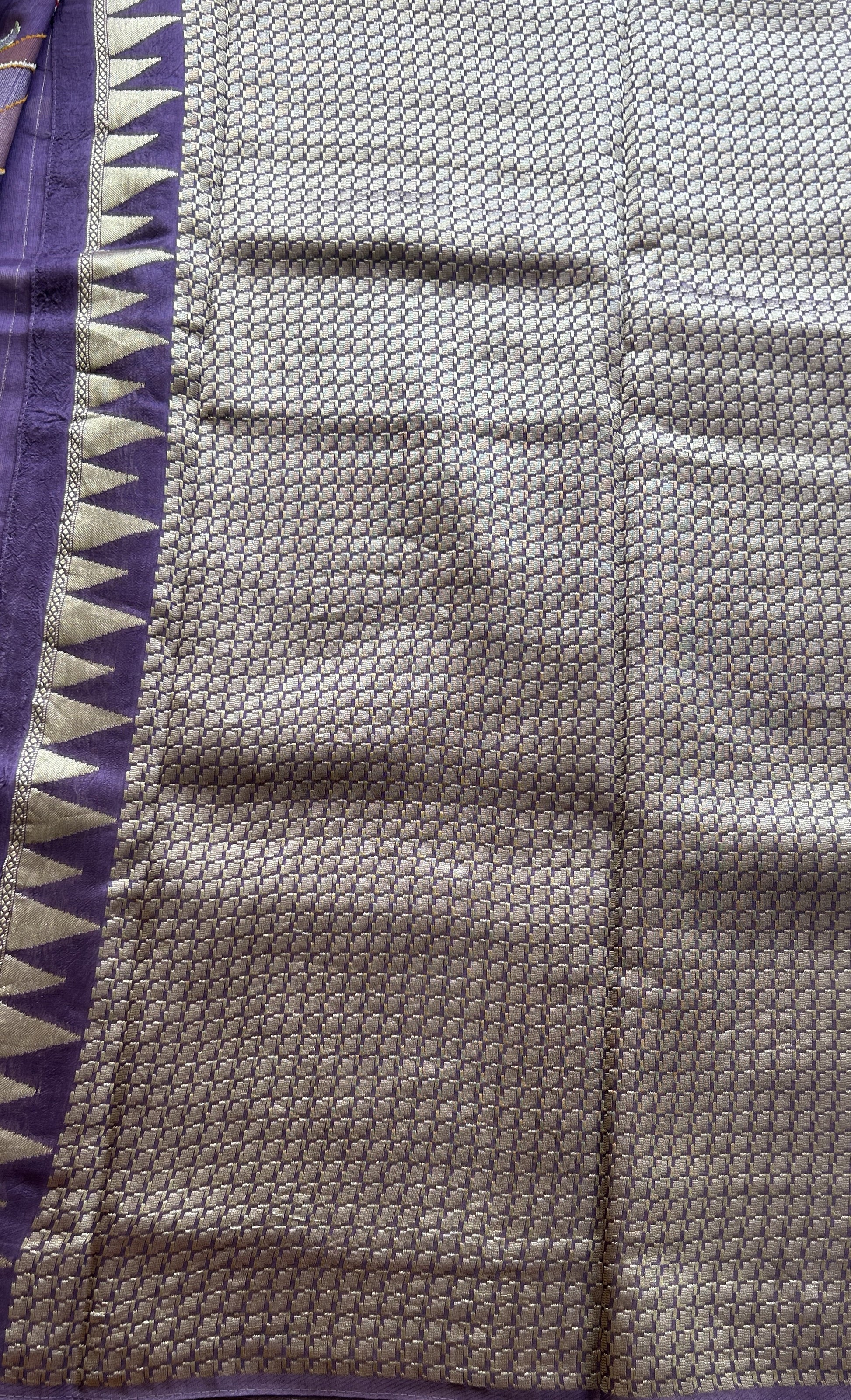 Banarasi Tussar Georgette Saree Lavender Colored Complemented with a Temple Border. - Sampradaya Designer Studio