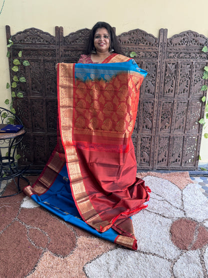 Pure Kanjivaram Silk Saree | Blue With Gold Zari Border | Handloom | Silk Mark Certified