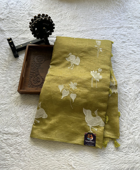 Banarasi Fancy Crushed Saree Leaf Green Colored Complemented with a Borderless. - Sampradaya Designer Studio