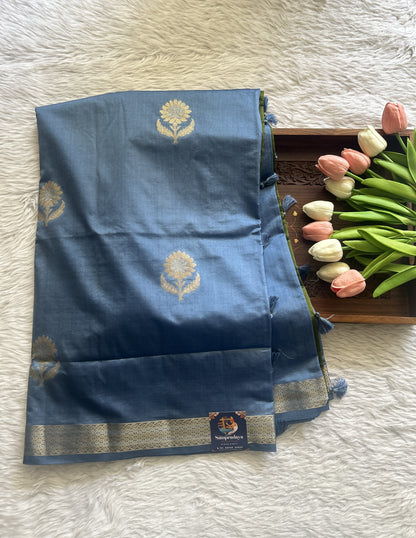 Semi Raw Silk Saree Blue Colored Complemented with a Zari Border. - Sampradaya Designer Studio