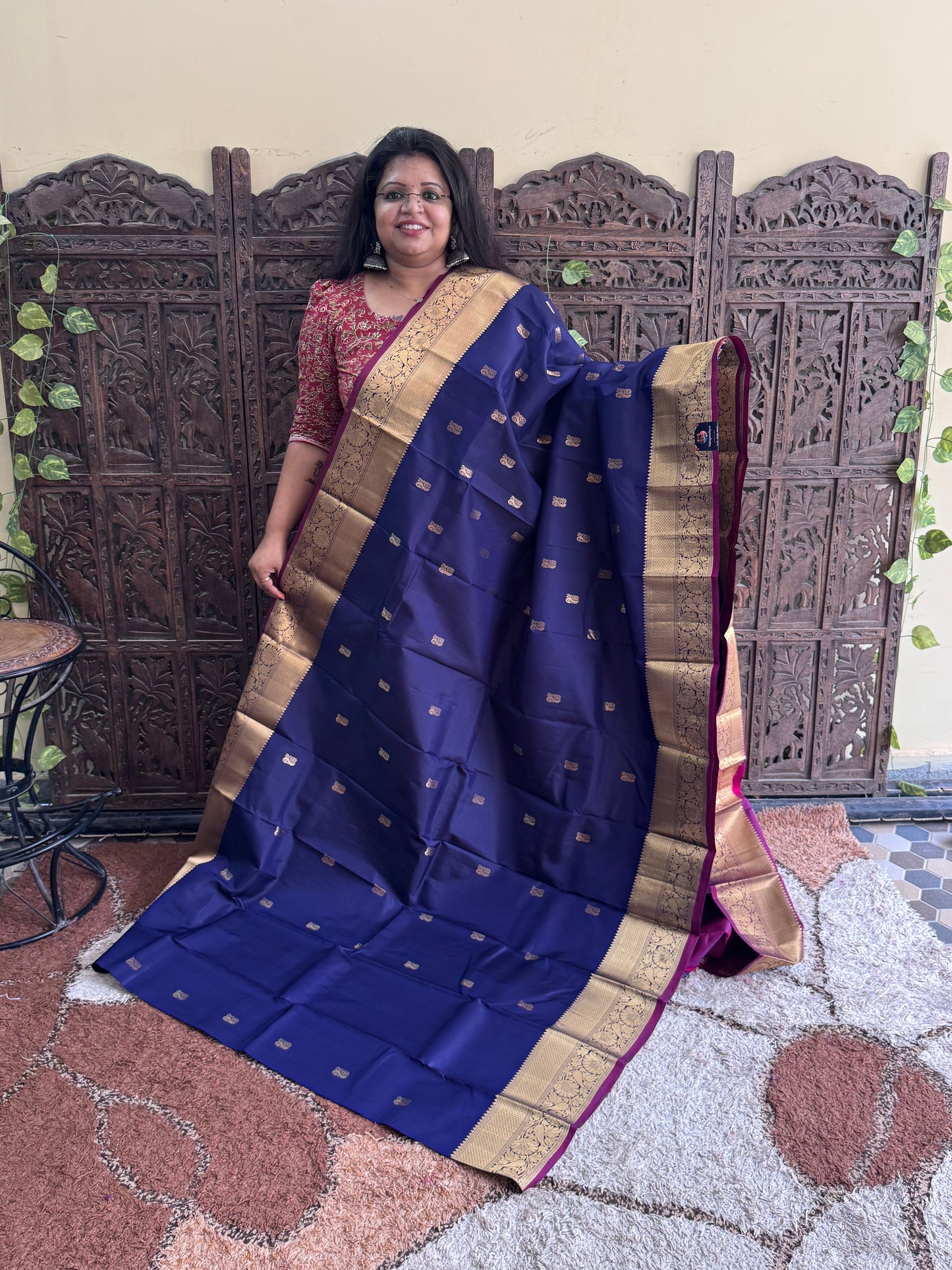 Pure Kanjivaram Silk Saree | Navy Blue With Gold Zari Border | Handloom | Silk Mark Certified