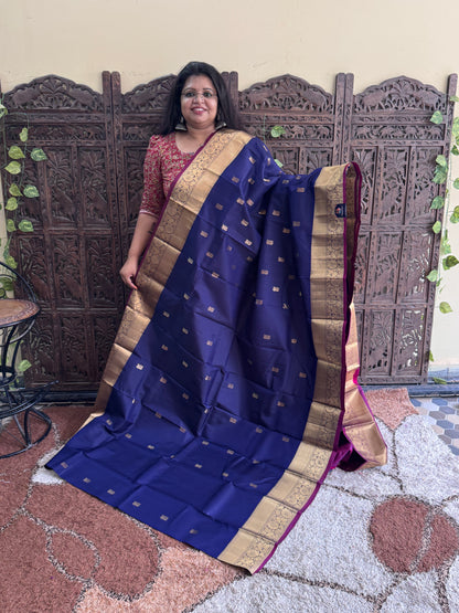 Pure Kanjivaram Silk Saree | Navy Blue With Gold Zari Border | Handloom | Silk Mark Certified