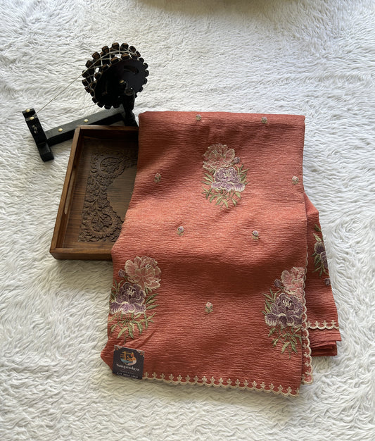 Banarasi Fancy Crushed Saree Peach Orange Colored Complemented with a Borderless. - Sampradaya Designer Studio