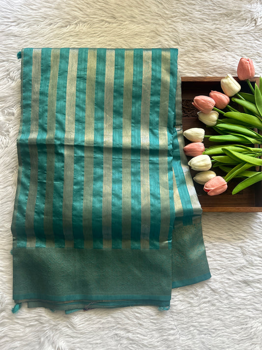 Semi Raw Silk Saree Sea Blue Colored Complemented with a Zari Border. - Sampradaya Designer Studio