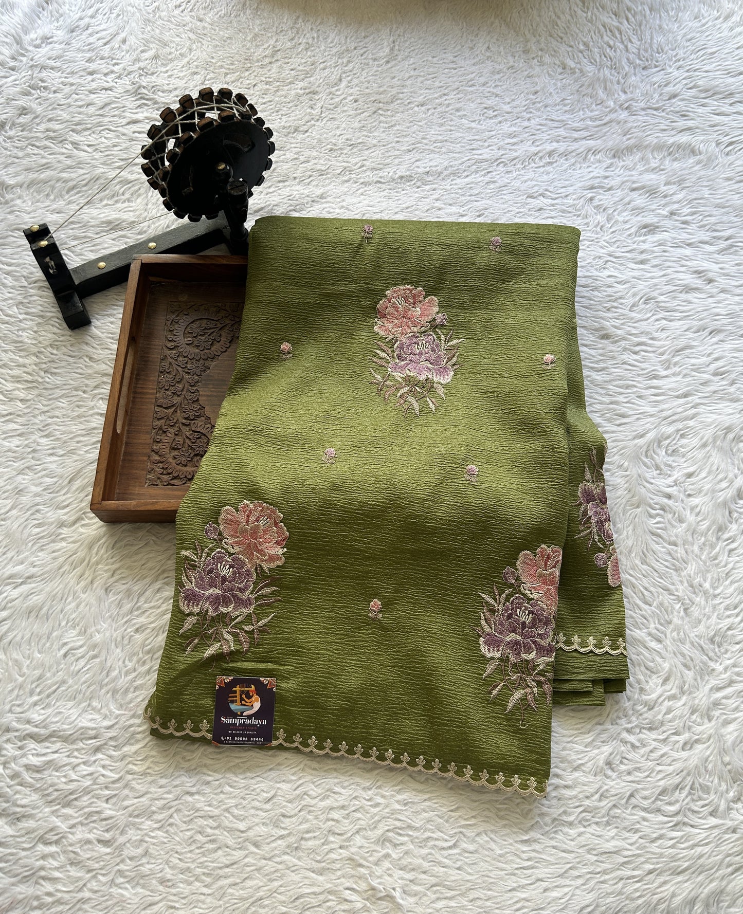 Banarasi Fancy Crushed Saree Olive Green Colored Complemented with a Borderless. - Sampradaya Designer Studio