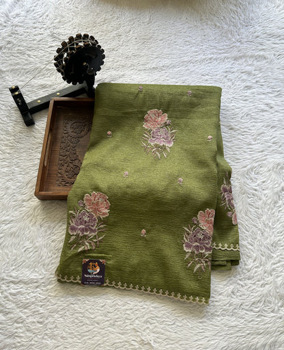 Banarasi Fancy Crushed Saree Olive Green Colored Complemented with a Borderless. - Sampradaya Designer Studio
