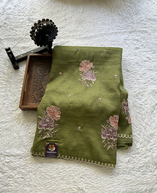 Banarasi Fancy Crushed Saree Olive Green Colored Complemented with a Borderless. - Sampradaya Designer Studio