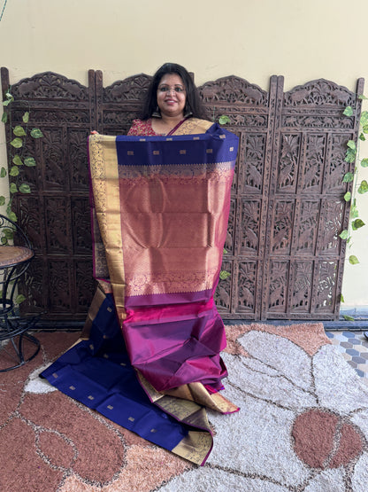 Pure Kanjivaram Silk Saree | Navy Blue With Gold Zari Border | Handloom | Silk Mark Certified