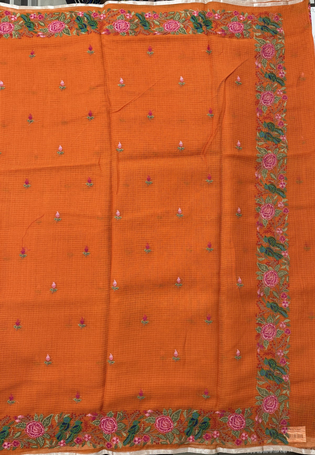 Orange Pure Cotton Kota Doria Saree | Airy Handloom Summer Drape