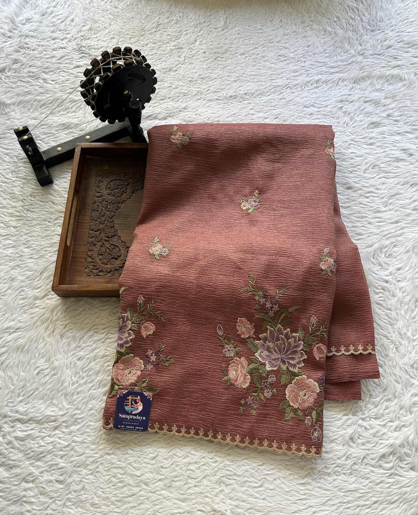 Banarasi Fancy Crushed Saree Dark Onion Pink Colored Complemented with a Borderless. - Sampradaya Designer Studio