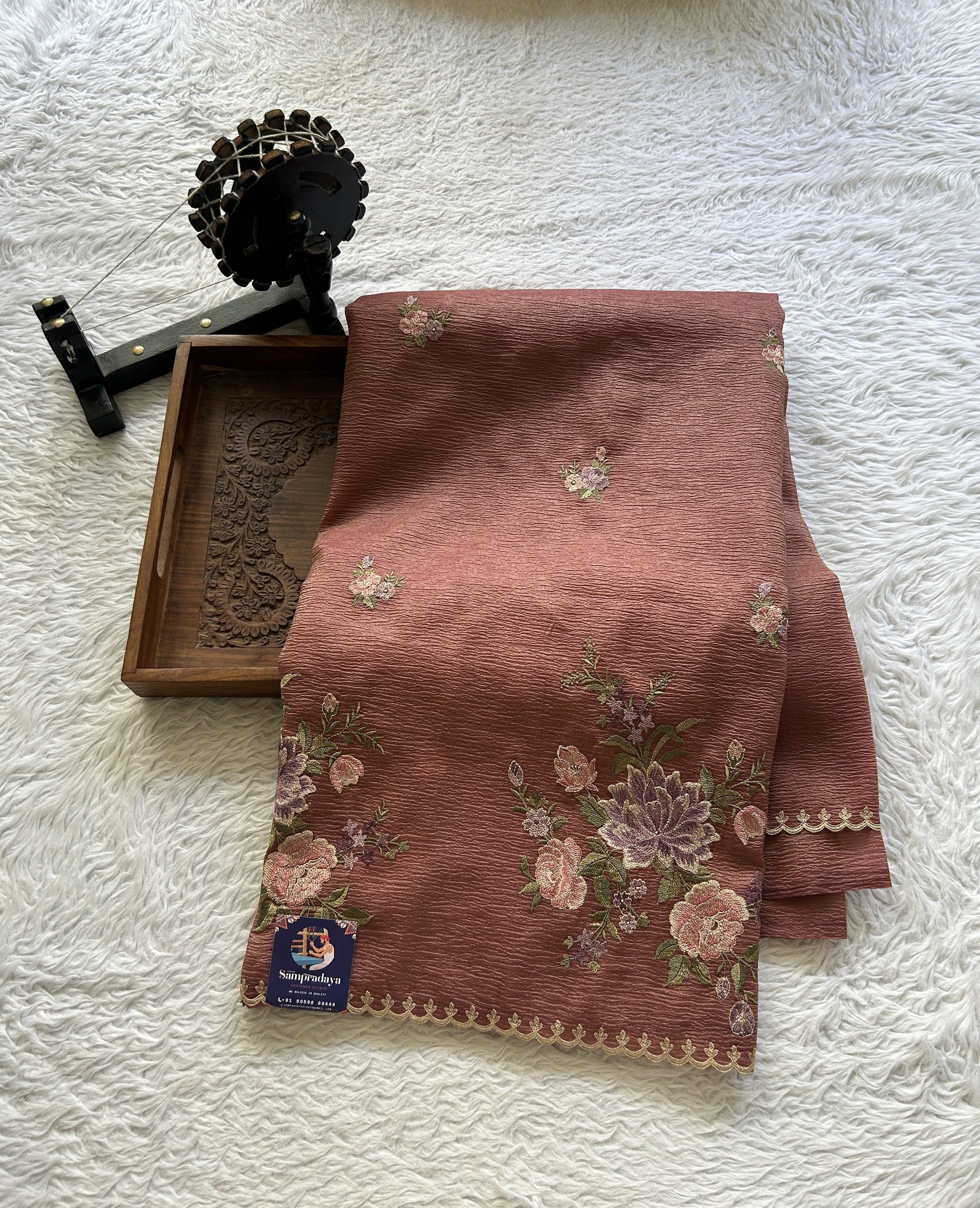 Banarasi Fancy Crushed Saree Dark Onion Pink Colored Complemented with a Borderless. - Sampradaya Designer Studio