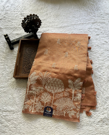 Banarasi Fancy Crushed Saree Salmon Colored Complemented with a Borderless. - Sampradaya Designer Studio