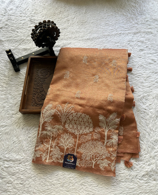 Banarasi Fancy Crushed Saree Salmon Colored Complemented with a Borderless. - Sampradaya Designer Studio