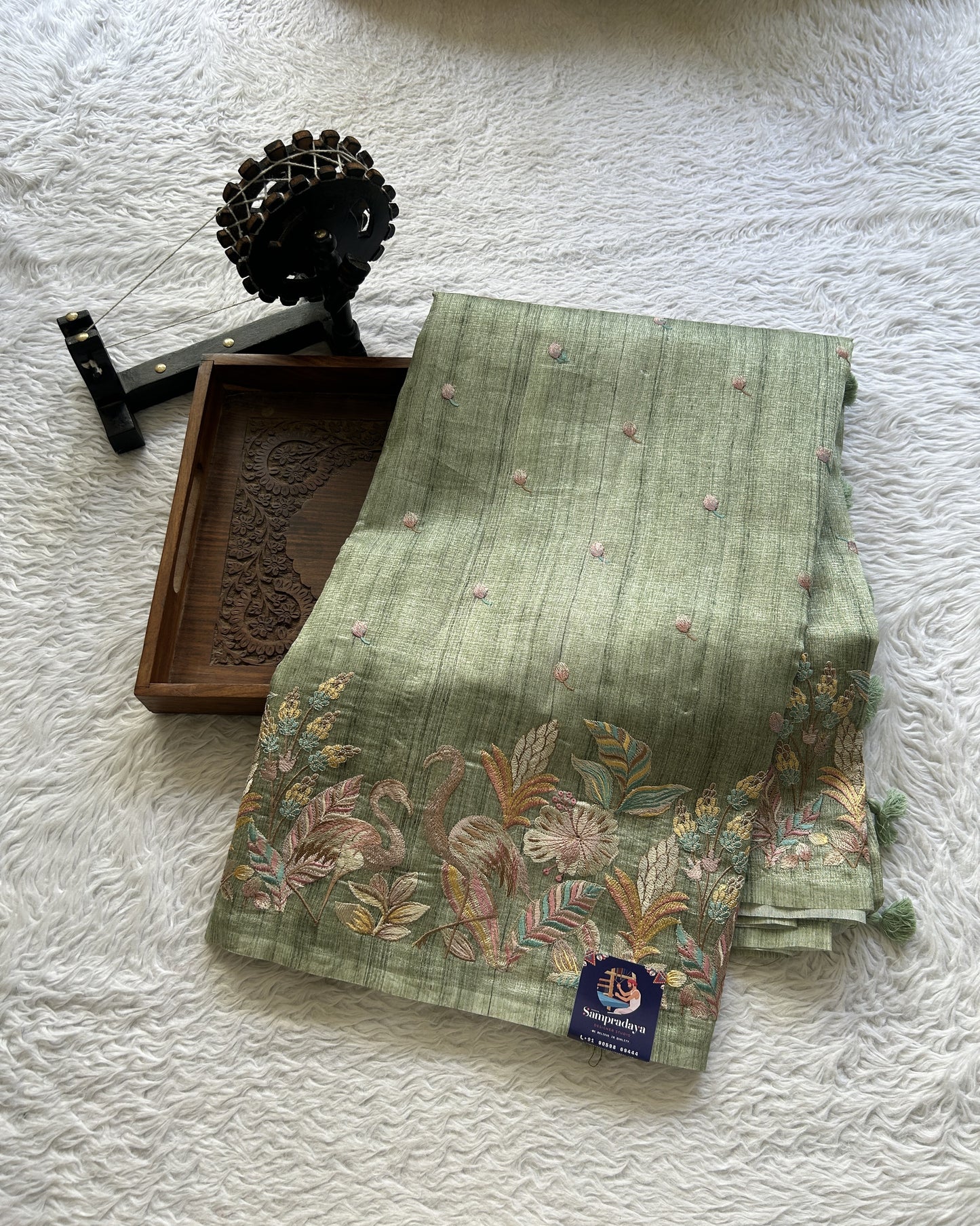 Semi Tussar Saree Light Green Colored Elegantly Paired with a Borderless. - Sampradaya Designer Studio