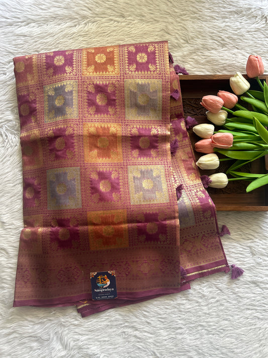 Semi Raw Silk Saree Pink Colored Complemented with a Zari Border. - Sampradaya Designer Studio