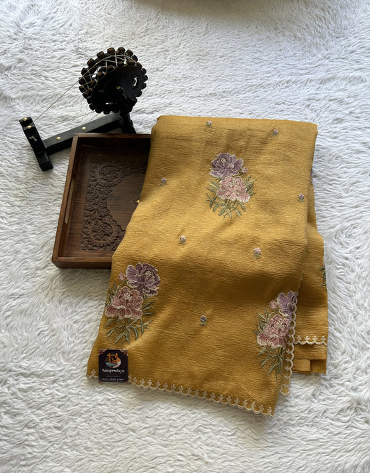 Banarasi Fancy Crushed Saree Dark Mustard Colored Complemented with a Borderless. - Sampradaya Designer Studio