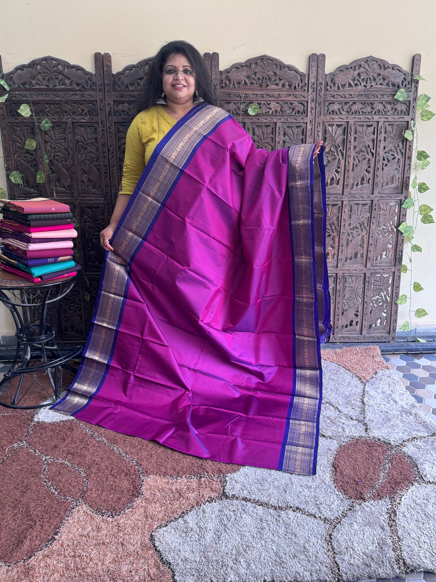 Pure Kanjivaram Silk Saree | Rani Pink With Gold Zari Border | Handloom | Silk Mark Certified
