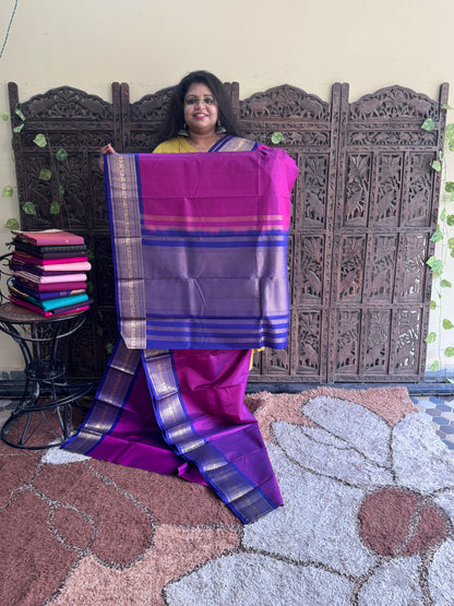 Pure Kanjivaram Silk Saree | Rani Pink With Gold Zari Border | Handloom | Silk Mark Certified