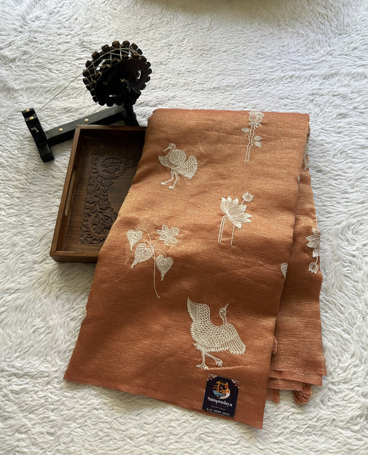 Banarasi Fancy Crushed Saree Coral Colored Complemented with a Borderless. - Sampradaya Designer Studio