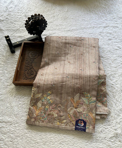 Semi Tussar Saree Light Brown Colored Elegantly Paired with a Borderless. - Sampradaya Designer Studio