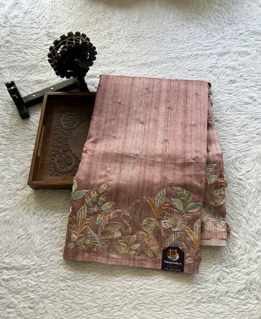 Semi Tussar Saree Onion Pink Colored Elegantly Paired with a Borderless. - Sampradaya Designer Studio