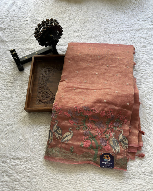 Banarasi Fancy Crushed Saree Desert Coral Colored Complemented with a Borderless. - Sampradaya Designer Studio