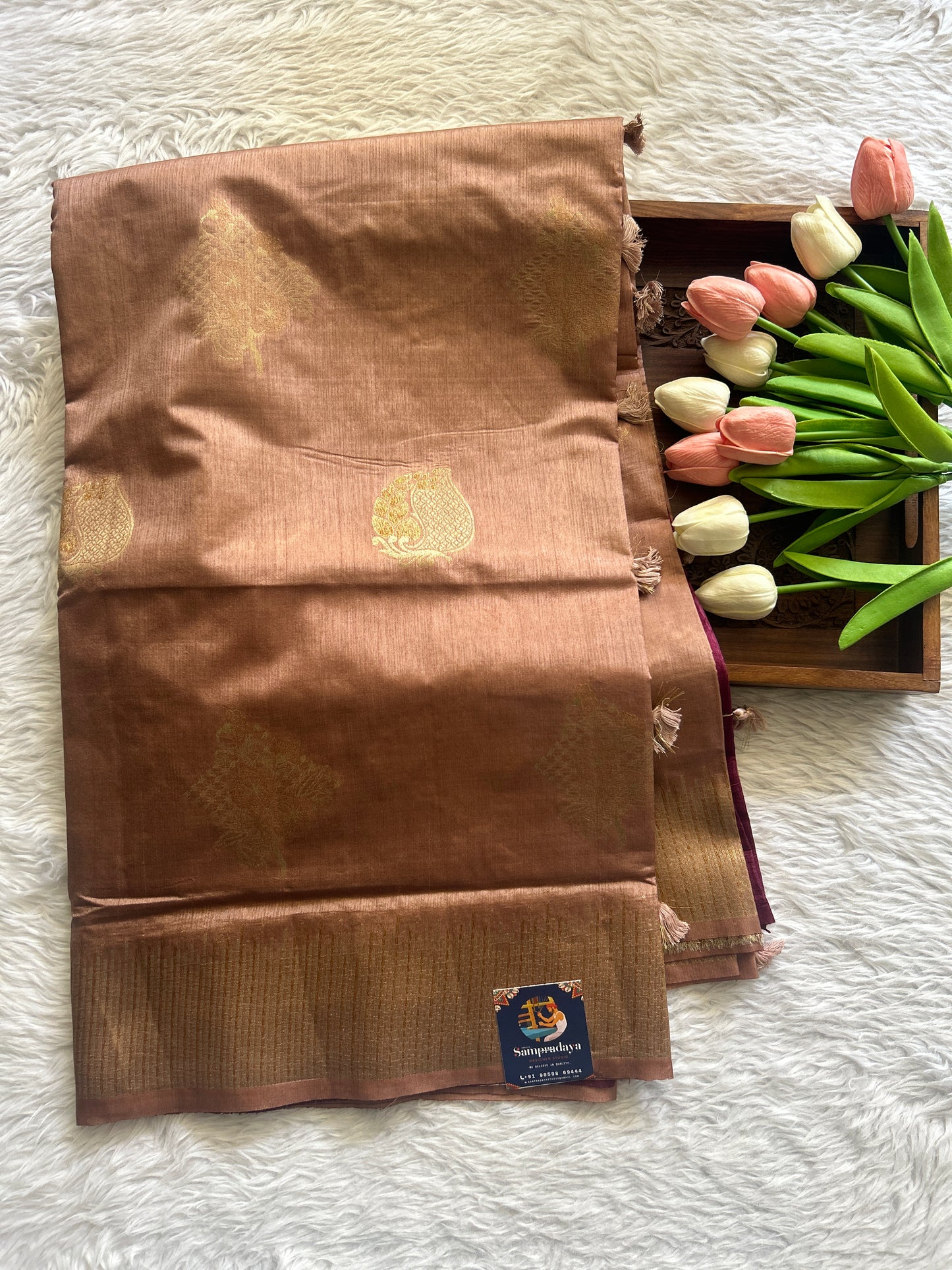 Semi Raw Silk Saree Light Brown Colored Complemented with a Zari Border. - Sampradaya Designer Studio