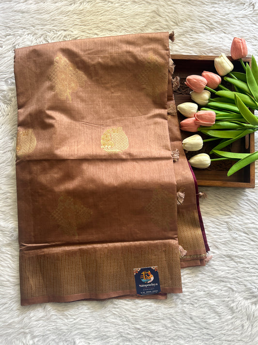Semi Raw Silk Saree Light Brown Colored Complemented with a Zari Border. - Sampradaya Designer Studio