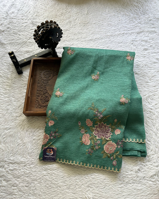 Banarasi Fancy Crushed Saree Bottle Green Colored Complemented with a Borderless. - Sampradaya Designer Studio