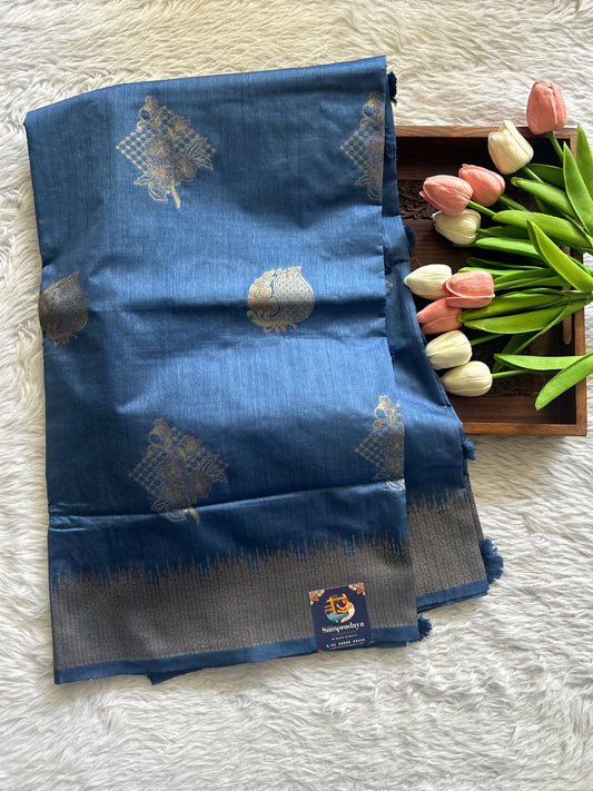 Semi Raw Silk Saree Ink Blue Colored Complemented with a Zari Border. - Sampradaya Designer Studio