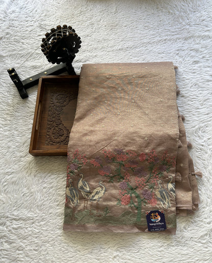 Banarasi Fancy Crushed Saree Chickoo Colored Complemented with a Borderless. - Sampradaya Designer Studio