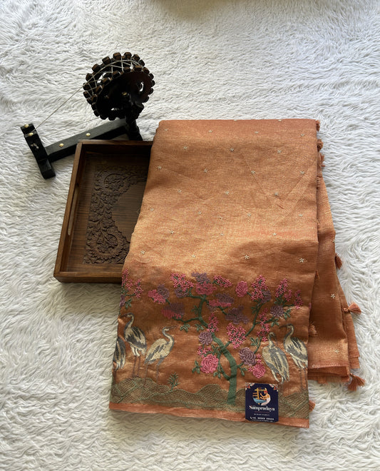 Banarasi Fancy Crushed Saree Coral Rose Colored Complemented with a Borderless. - Sampradaya Designer Studio