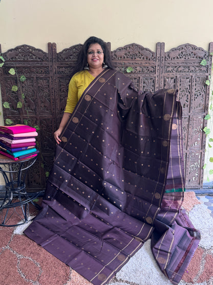 Brown Green Pure Kanjivaram Silk Saree | Gap Border With Peacock Butta | Handloom | Silk Mark Certified
